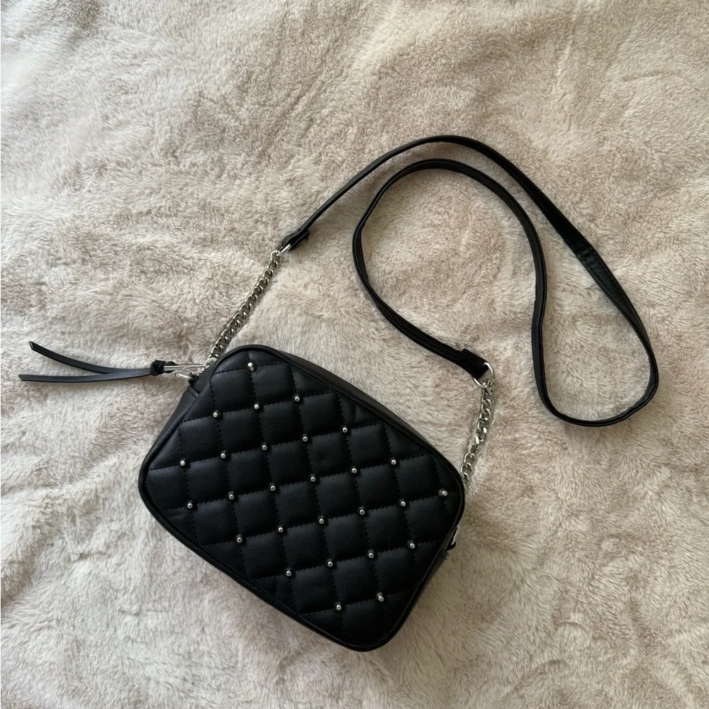 NWT Rebecca Minkoff Diamond Quilt Studded Top Zip Crossbody Bag Black